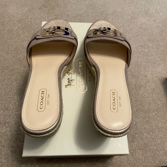 044. NIB Coach Carlana Pebbled Metallic Champagne Espadrilles Platform Wdgs S 9M - Picture 3 of 11